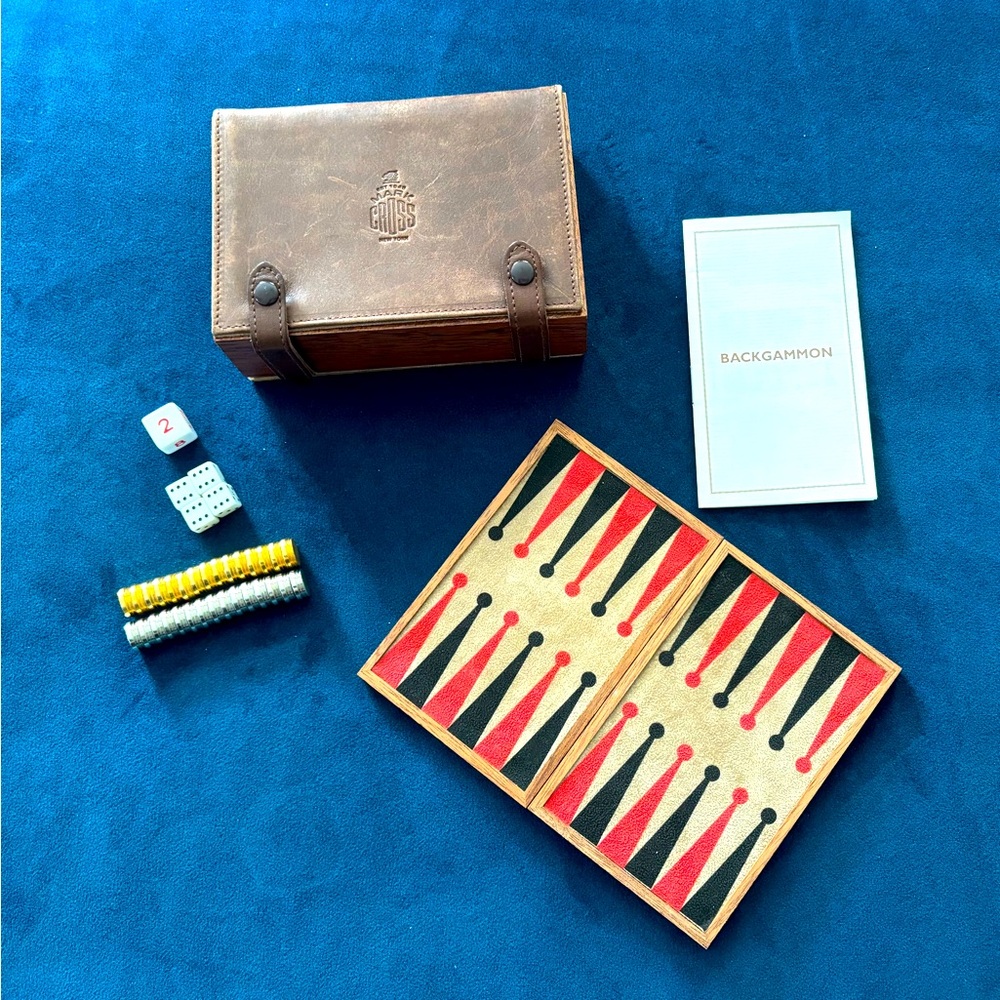🌹 RARE Vintage Mark Cross Leather, Wood & Metal Travel Backgammon Game